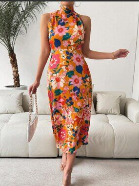 NWT Sage + Paije Satin Floral Halter Dress Size Large High Draped Neck Fall Chic